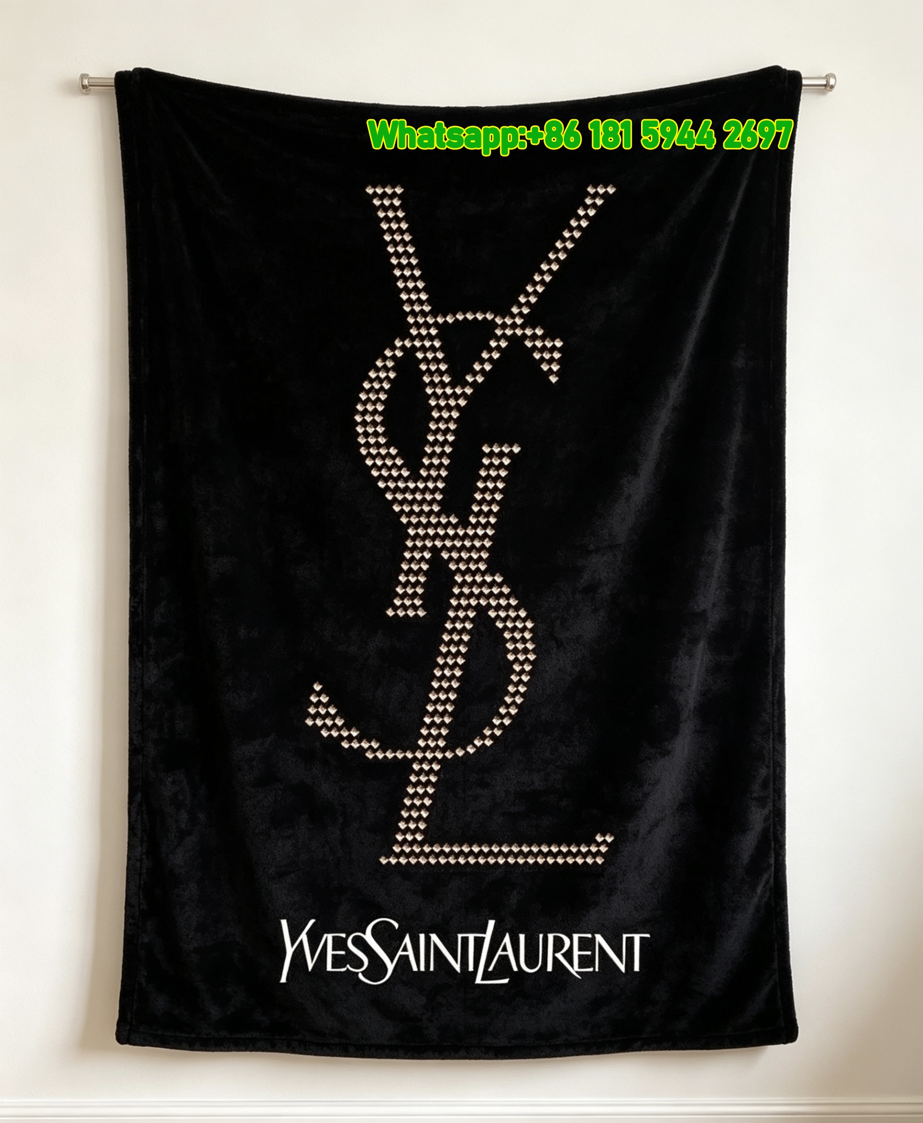 Yves Saint Laurent YSL Black Background Diamond Logo Printed Fleece Throw Blanket IMG_3215